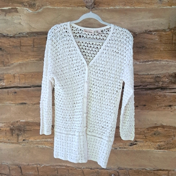 Dkny Sweaters - DKNY Jeans White V Neck Crochet Cotton Blend Sweater Size Large